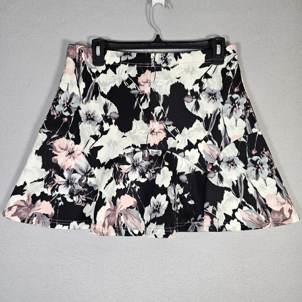 Warehouse Floral Mini Skirt Womens UK 14 Black Pink High Waisted Flounce Hem - Picture 2 of 9